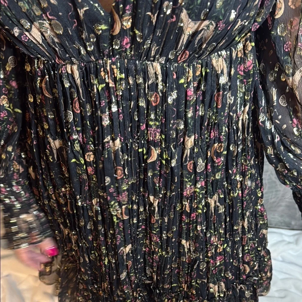 Sandro Paris Pleated Hound Print Metallic Dress 38/6